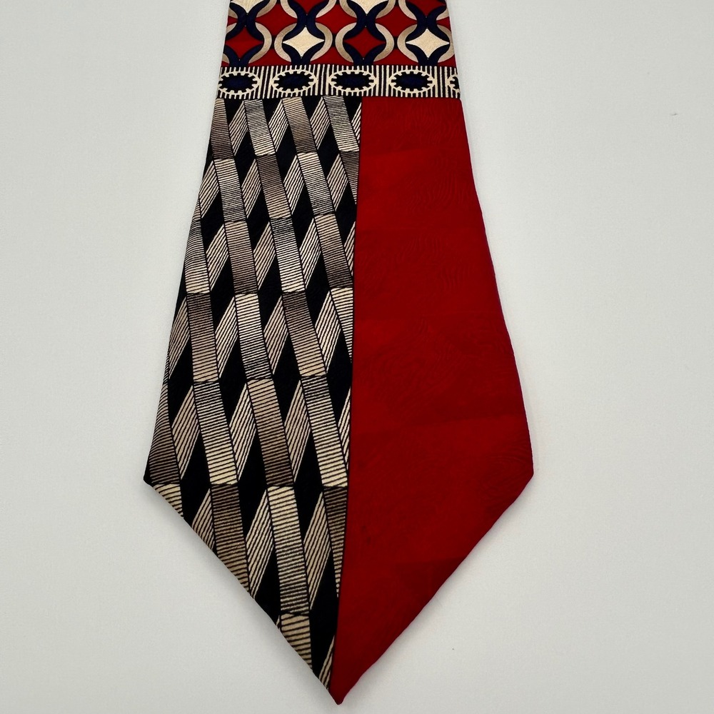 Ottimo Uomo Necktie Geometric Patchwork Mens OS‎ Red Silk Vintage Abstract 90s